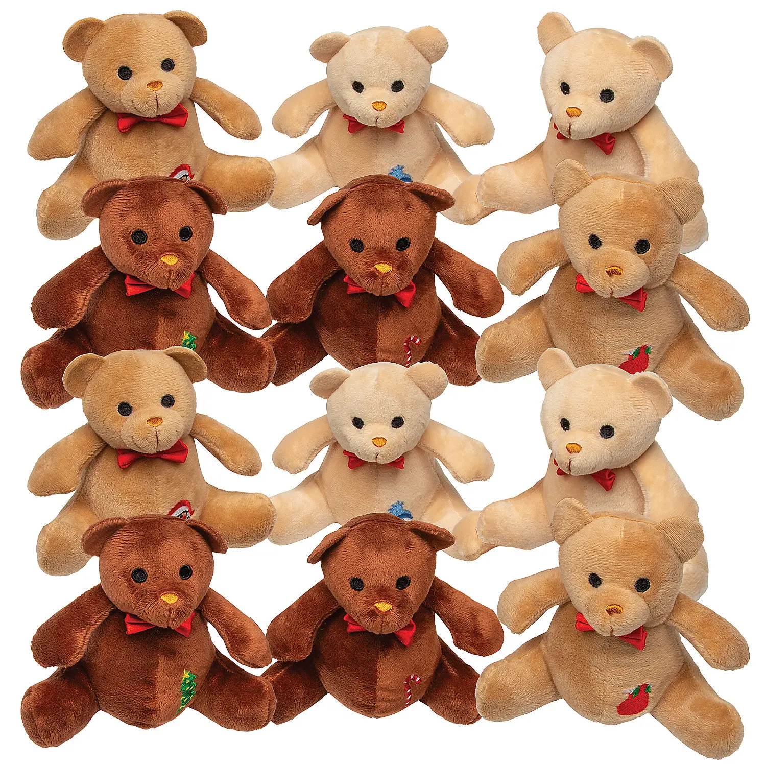 Oriental Trading Company Classic 12-Pc 5in Soft Suede-Like Stuffed Bears - Brown & Tan Patchwork Embroidery, Cute Stuffed Animals, Great Gifts for Christmas, Teacher & Classroom Use, for 4-6 Years Olds