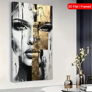 2D Flat, 1pc Framed Large Vertical Abstract Face Wall Art - Modern Minimalist & Golden Ink Canvas Portrait, Contrasting Framed Poster Suitable for Living Room, Bedroom, Office - / Contemporary Decor, 2D Flat