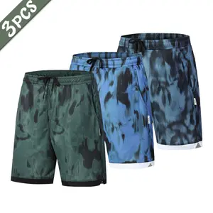 3-Pack tie-dye printed sports shorts mesh spliced drawstring casual five-point pants set