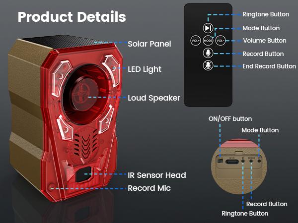 Outdoor Solar Motion Alarm with Dual Upgraded Radar + IR Detection Sensors - 130dB Sound, Strobe Light, 10 Sounds, 20s Recording, IP65 Waterproof Animal Deterrent for Garden, Farm