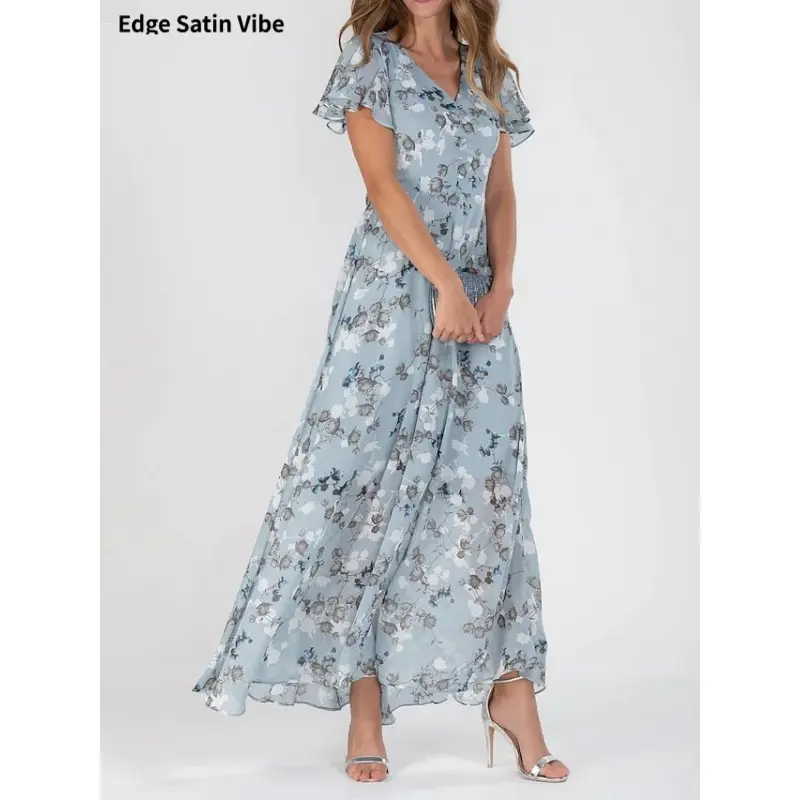 Beach maxi dress with chiffon floral print, short sleeves, ruffled V-neck, and fashionable waist-cinching design