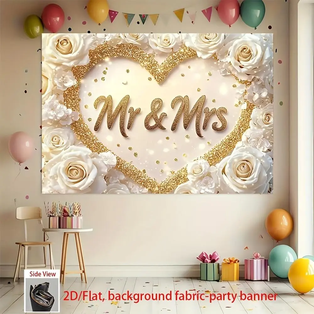 1pc Golden Heart-Shaped Mr & Mrs Polyester Wedding Banner - 2D Flat, Multi-Size, Shiny Finish, Soft Fabric, Shiny White Rose Background, Festive Home & Party Decoration, Ornaments for Home for Weddings, Anniversaries