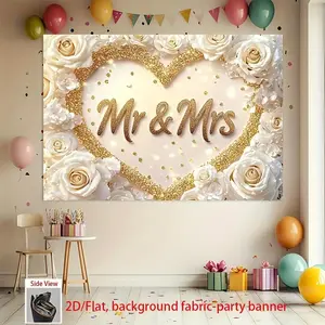 2D Flat, 2D Flat Banner, 1pc Golden Heart-Shaped Mr & Mrs Wedding Banner - Shiny White Rose Background, Party Decoration, Suitable for Weddings, Anniversaries, Birthdays, Family & Events -