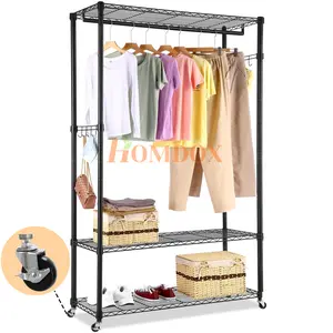 Heavy Duty Garment Rack with 3 Tier Adjustable Wire Shelves, Heavy Duty Rolling Clothes Shelving Unit, 1 Hanging Rod, 2 Side Hooks, Black Organiser Hangable