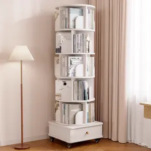 White Rotating Bookshelf with Drawer – 6-Tier Wooden Corner Bookcase, Freestanding Space-Saving Display Rack & Storage Organizer for Small Spaces, Bedroom, or Living Room
