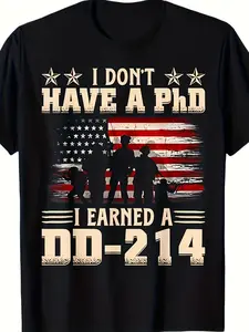 DD214 Retro Flag T Shirt I Don't Have A PhD I Earned A DD214 Retro Flag USA T Shirt Y2K Street Retro, Seasonal Casual and Trendy, Crew Neck, Breathable, Machine Washable, Plus Size Big & Tall, Casual WearPattern Print Crew Neck T-Shirt Gift