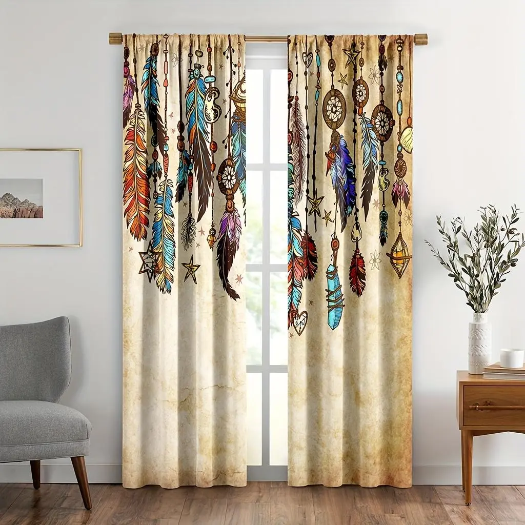 2-Piece Vintage Boho Feather Print Curtains - Native American Tribe Style Rod Pocket Window Drapes for Bedroom/Kitchen, 2m Household Textiles