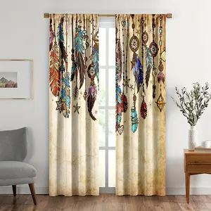 2pcs Vintage Feather Curtains,Boho Native American Indian Tribe Style Printed Pattern Curtains for Bedroom Living Room Kitchen Rod Pocket Window Drapes