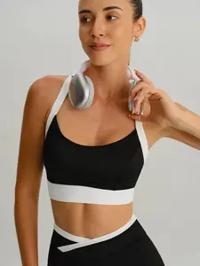 BERLOOK Women's Black Contrast U-Neck Sleeveless Spandex Fit Sports Bra - Light Support, Workout Athleisure Yoga Activewear, Sports Bra For Women, Bra For Women