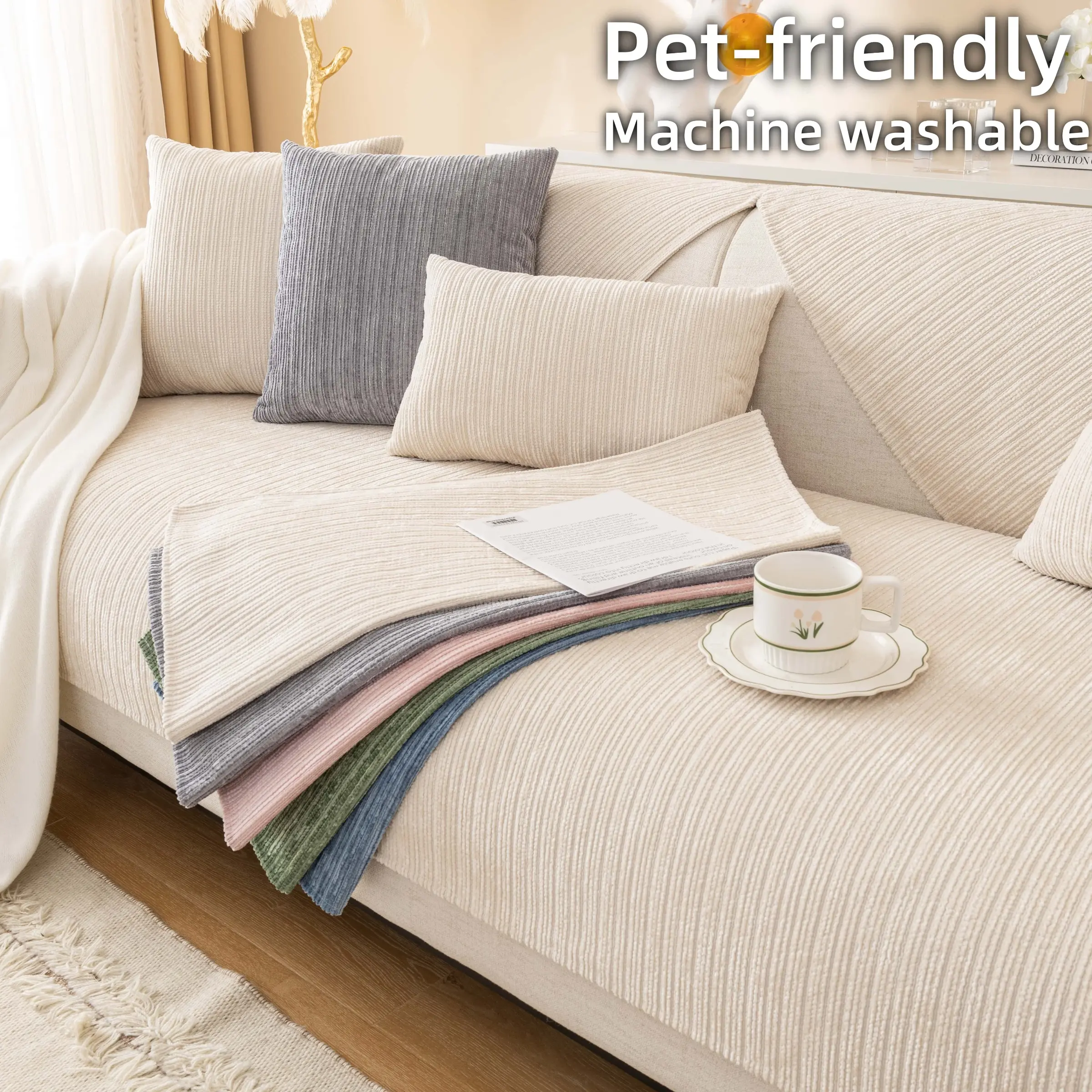 Solid colour High-Density Sofa cover, Couch Covers, 1 Pc Pet-Friendly Anti-Scratch Couch Protector, Non-Slip Washable Furniture Cover, Sofa Mat for Living Room Decor, Fits Sectional, Fabric for Modern Home Style, Dustproof Sofa Slipcover