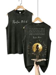 Men's Soft, Breathable Oversized Sleeveless Black Acid Wash Distressed Retro Fit Christian Muscle Tank Top - 1-Piece Print, Comfortable Psalm 91 God's Protection Scripture, Golden Vintage Faith-Based Beach Top Album Graphic Grunge