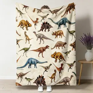 Vintage Watercolor Dinosaur Flannel Throw Blanket, Retro Illustration Soft Cozy Warm Blanket, Statement Piece for Bedroom Living Room Sofa, Gift for Him Her Kids, Nap Blanket for Office, Educational Home Decor