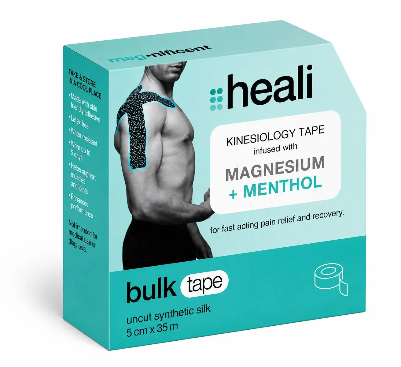 HEALI Bulk Roll Uncut Kinesiology Sports Tape | Blue Splatter | Magnesium & Menthol Infused | 5cm x 35m