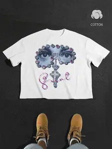 Men's Short Wide Sleeve Cotton Breathable Comfort Top Round Neck, Single-Sided Print, Eye Gem Cross Art Text, Style, Streetwear, All-Season Casual Wear