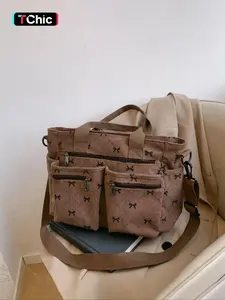 2026 Valentine's Day Gift, Stylish Casual Corduroy Tote Bag with Bow Pattern, Versatile for School, Work, and Travel, Casual Handbags