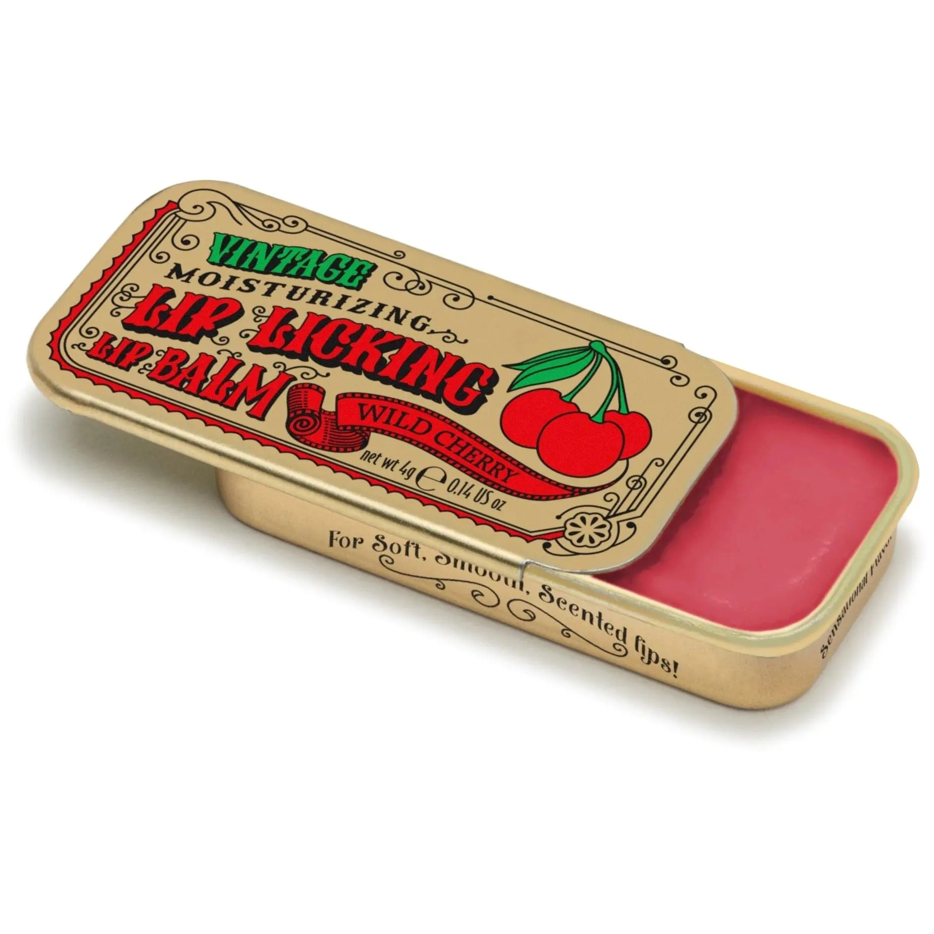 Tinte Cosmetics Moisturizing Lip Balm for Dry & Cherry Lips - Scented Wild Cherry Formula with Shea Butter, Gluten-Free, Cruelty-Free, Smooth Silky Feel, Vintage Slider Tin, 0.23oz