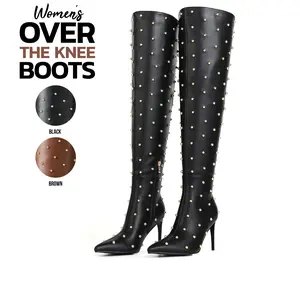 Womens Over the Knee Boots Studded Boot Pointed Toe Stiletto High Heel Side Zipper Combat Party Punk Rave Concert Trendy Gothic Tall Boots