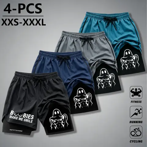 Men's Slim Fit Double Layer Anti-Abrasion Athletic Wear Shorts, Funny Sports Shorts with Compression Inner Layer, Drawstring Waistband, Rear Towel Loop, Cargo Design for Athletic Training Gym Workout Apparel
