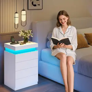 SIKAIC LED Nightstand with Charging Station, White Bedside Table with 4 Drawers and Sliding Top Storage