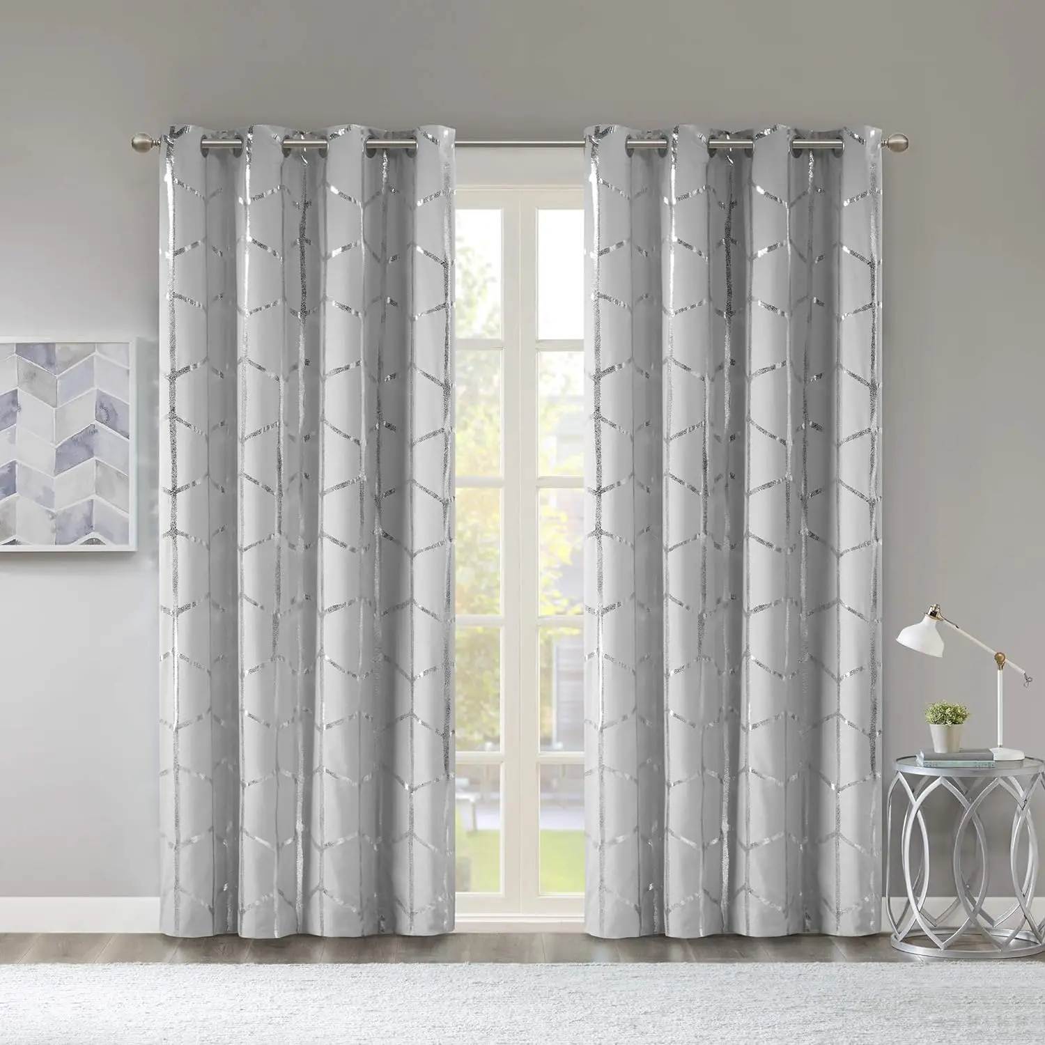 Raina Total Blackout Metallic Print Grommet Top Single Window Curtain Panel Thermal Insulated Light Blocking Drape for Bedroom Living Room and Dorm