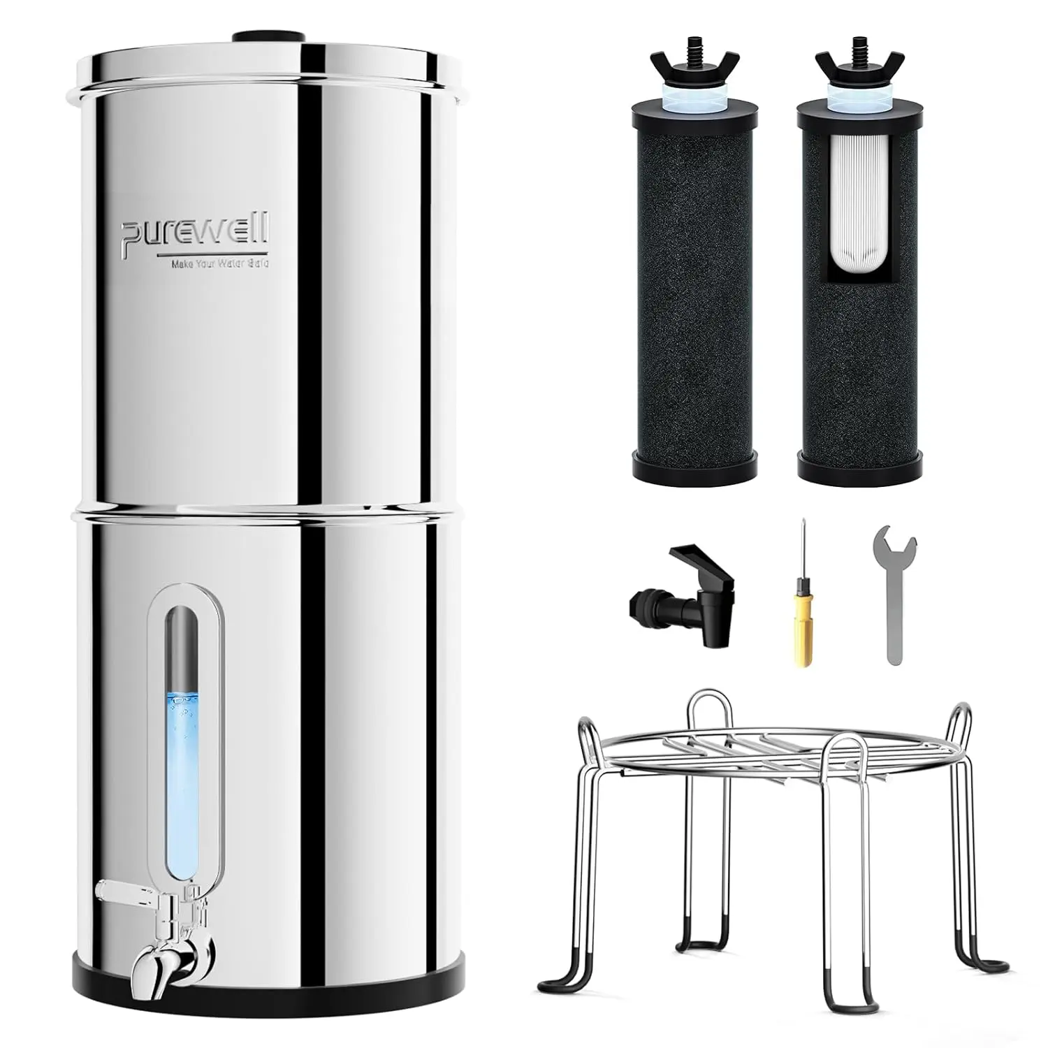 Purewell Flow Gravity Water Filter System, Stainless Steel Countertop Water Purifier for Home, Camping, Emergency Preparedness & Off-Grid Living