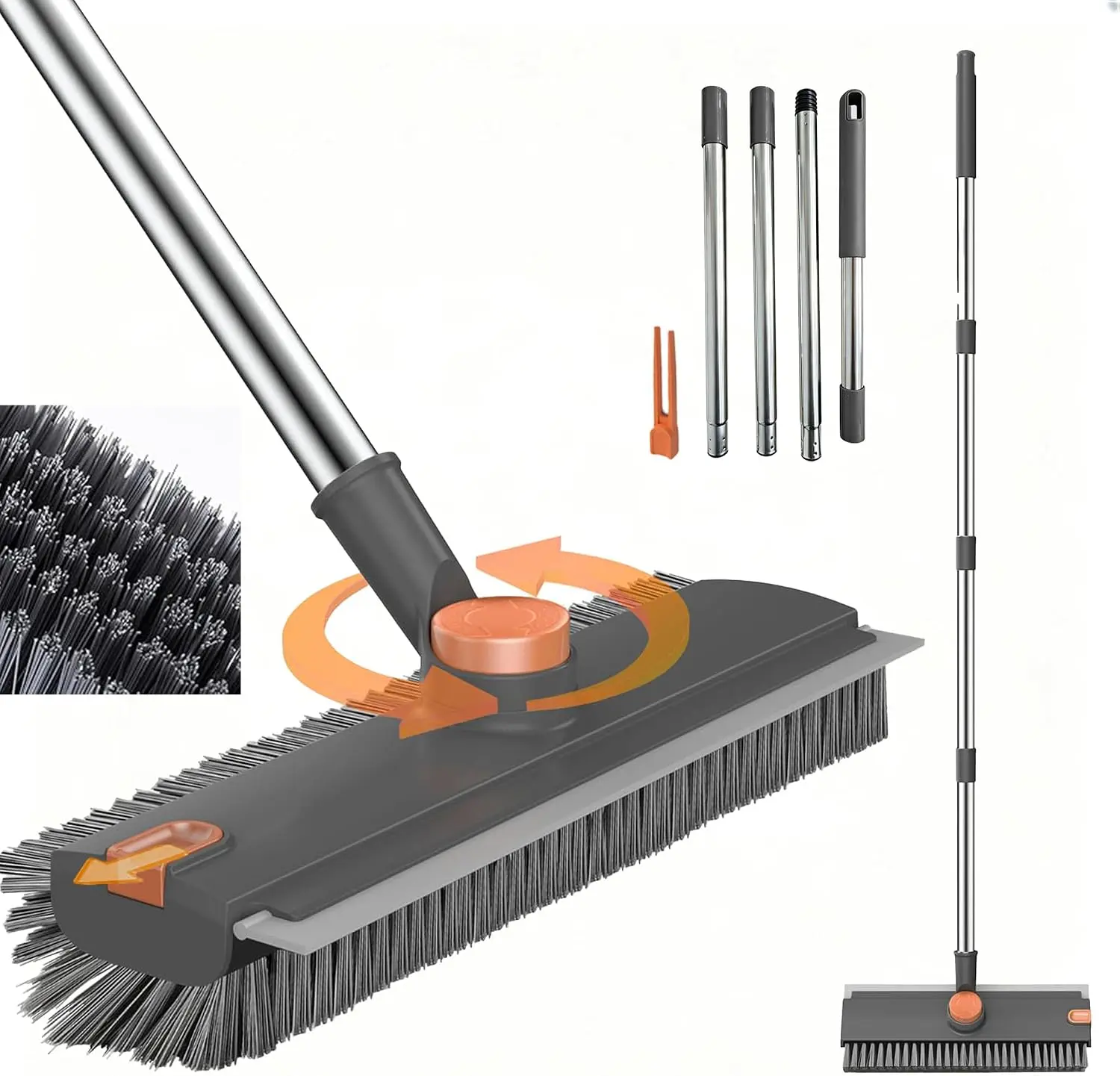 3-in-1 Heavy Duty 360° Rotatable Scrub Brush with Telescopic Stainless Steel Handle & Squeegee, Multi-surface Cleaner for Bathroom Tile, Concrete Floors, Practical Household Cleaning Tool