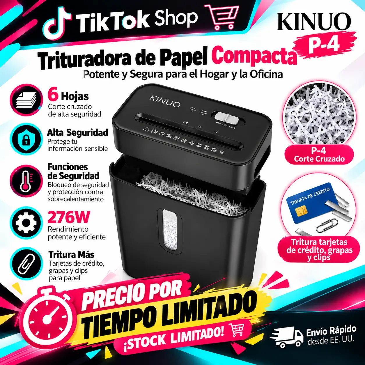 KINUO P-4 High Security Crosscut Paper Shredder - Heavy-Duty Shredders for Home Use, 6-Sheet Capacity, Credit Card/Staple/Paper Clip Shredding, Safety Lock, Overheat Protection