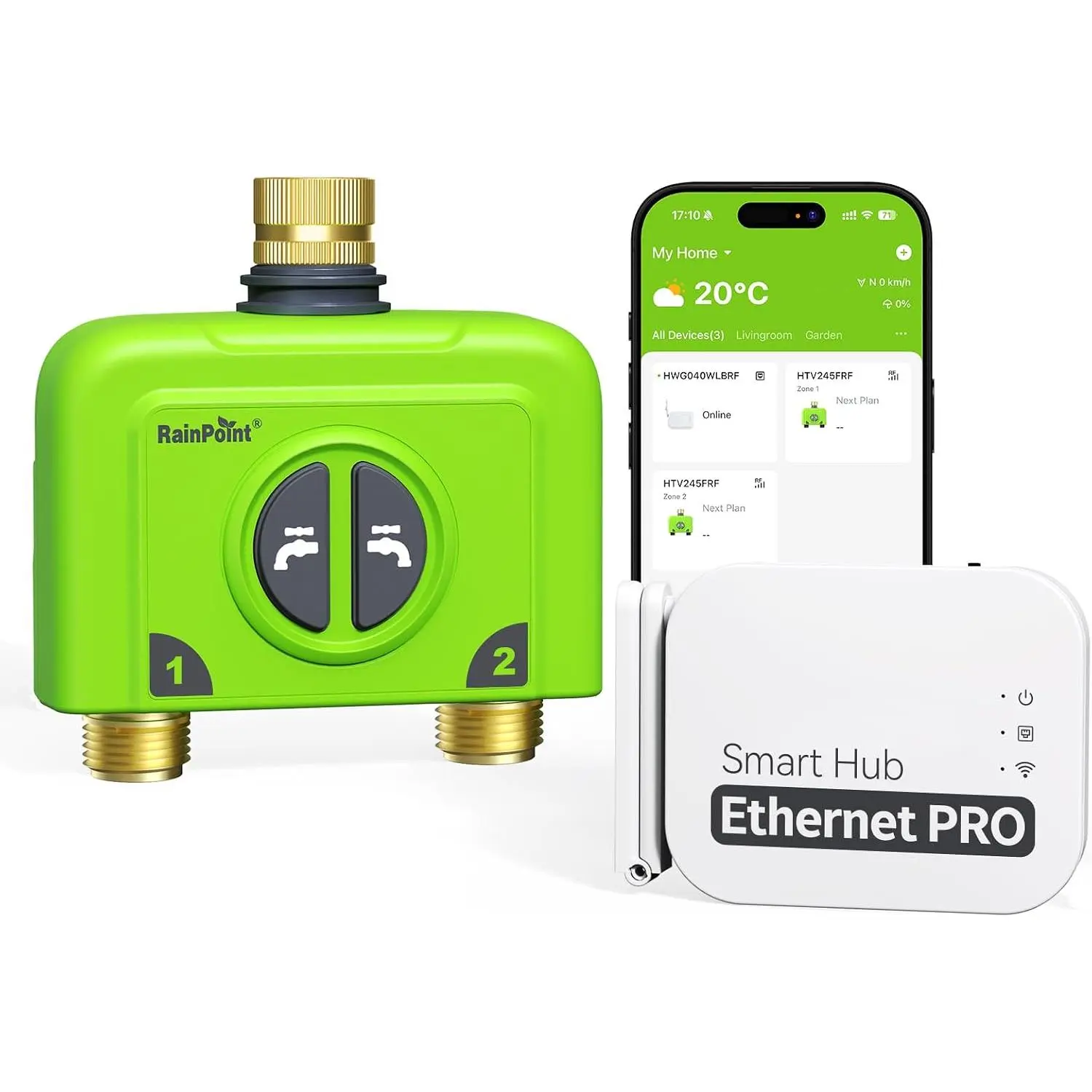 RAINPOINT WiFi Water Timer for Garden Hose, 2 Zone WiFi Sprinkler Controller, Smart Hose Timer Valve, Automatic Drip Irrigation System/Rain Delay for Garden (Brass Inlet & Outlet, Ethernet Gateway)