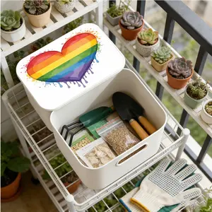 Plastic Lid Storage Box, Rainbow Drop Love Pattern, Party Desktop Organizer, Living Room Snack Holder, Dressing Table Junk Box