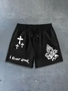 Unisex "I Fear God" Christian Graphic Shorts - Bold Praying Hands & Triple Cross Print Black Drawstring Shorts, Soft Breathable Cotton Blend Loose Fit, Comfy Breathable Shorts for Men Women, Versatile for Daily Wear, Loungewear and Vacation