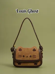 Cute Cartoon Cat Shoulder Bag for Women, Faux Suede Handbag, Kawaii Cat Face Design, Fashion Mini Crossbody Bag, Ideal Gift for Girls