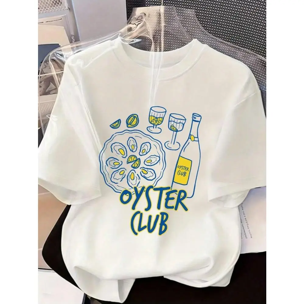 Women's Oversized Round Neck Short Sleeve T-Shirt - Oyster Club Graphic, Coastal Casual, Breathable Flow, Soft Comfy Streetwear Top for Brunch, Vacation Outfits