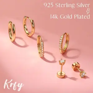 3 Pairs Gold Earring Set | S925 Sterling Silver Post & 14K Gold Plated | Dainty CZ Studs & 2 Pairs of Huggie Hoops | Hypoallergenic Piercing Stack for Sensitive Ears