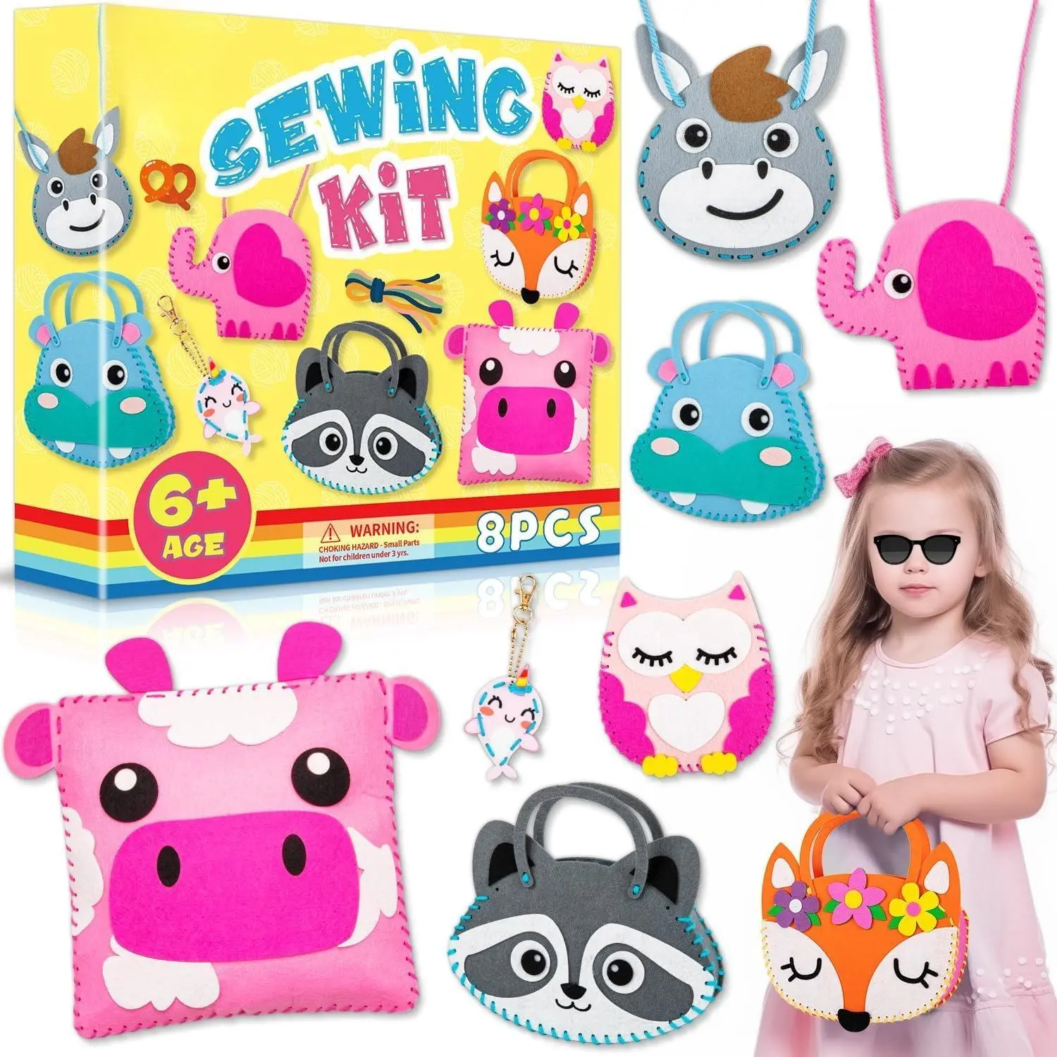 Z-SMA79 Beginner Kids' Sewing Kit (8-Pack) - Cute Felt Animal Purse Bags DIY Craft Projects for 6+ Age Girls, Learn Sewing Skills in Fun Way, Animals & Nature Themed Educational Toy Gift for Birthday, Girl, Beginner Sewing Kit