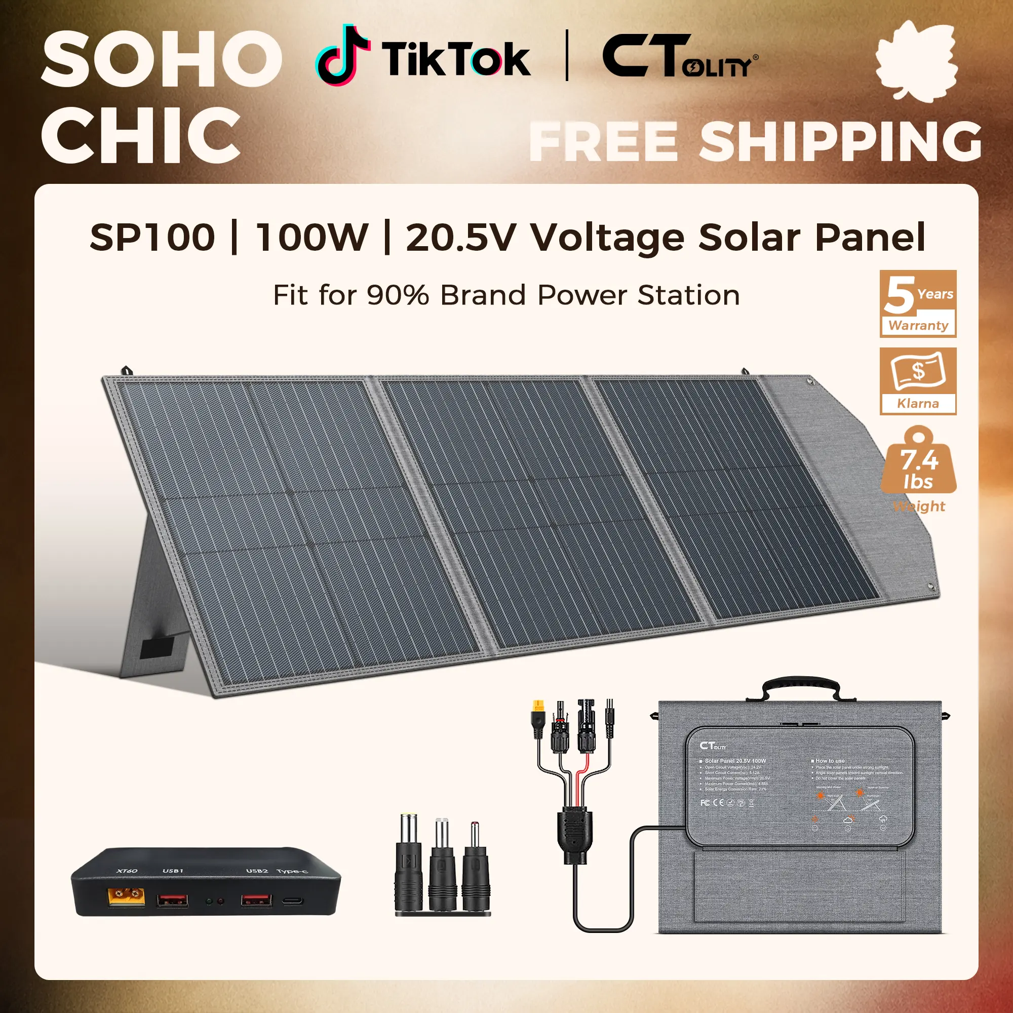 [SohoChic][Camping Essentials 2026] CTOLITY SP100 100W Portable Solar Panel Phone Charger with PD45W QC3.0 XT60 DC5525 PV Connector High Efficiency 22% for RV Marine Backyard Foldable Smartphone Chargeable [Power Outage Survival], TiktokShopStockup