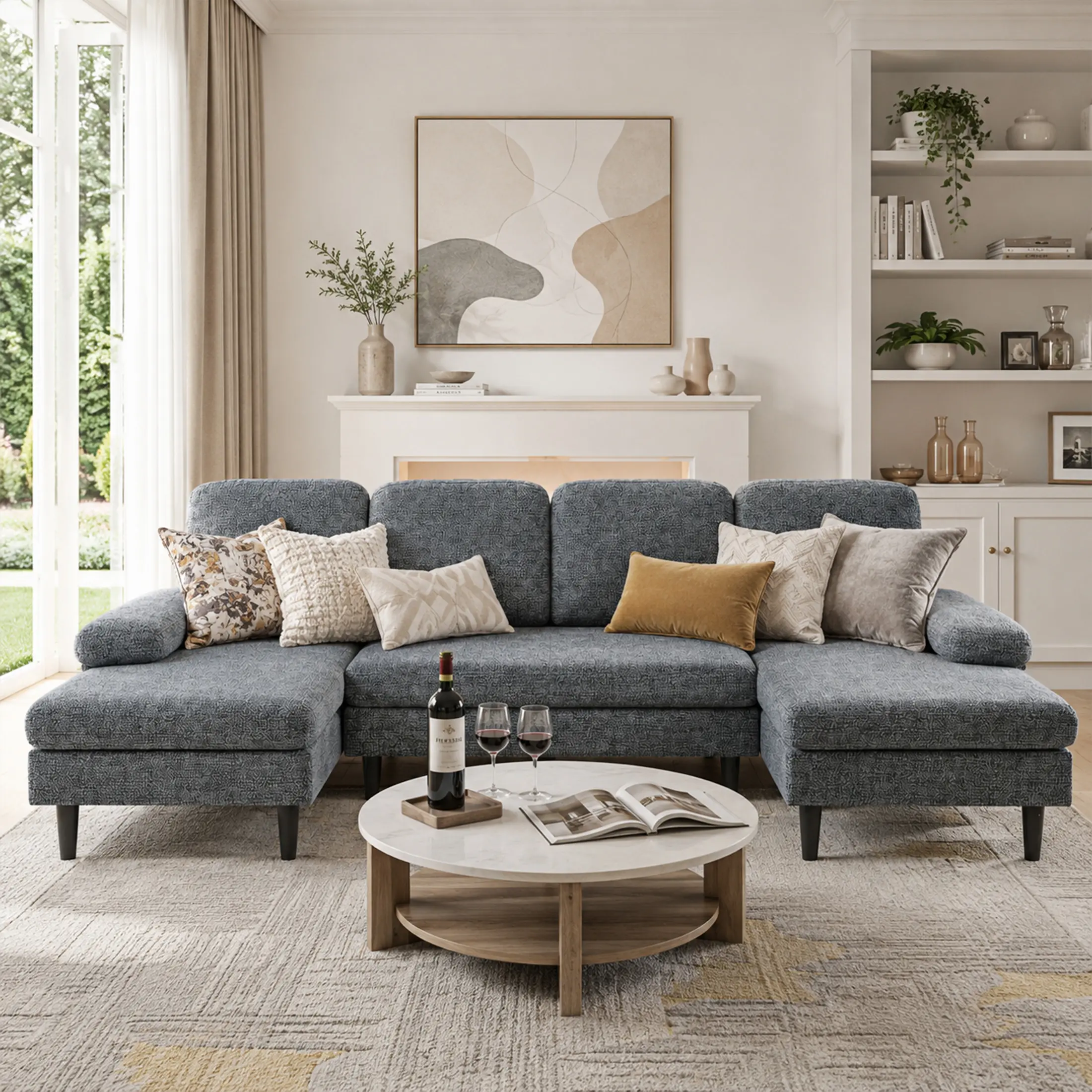 Modular Sectional Sofa Couch - U-Shaped Chenille Sectional with Double Chaise, Full Body Support, High-Density Sponge & Spring Bag, Holds up to 400lbs, Living Room Furniture (Dark Grey/Beige), boneless couches