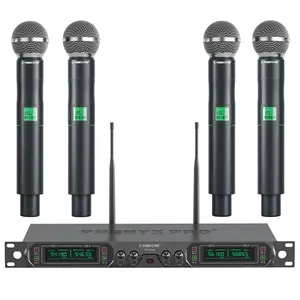Phenyx Pro PTU-5000-4H 4-Channel UHF Wireless Microphone System – Fixed Frequency Cordless Mic Set w/ 4 Metal Handheld Dynamic Mics, 260ft Range, for Singing, Church, Events