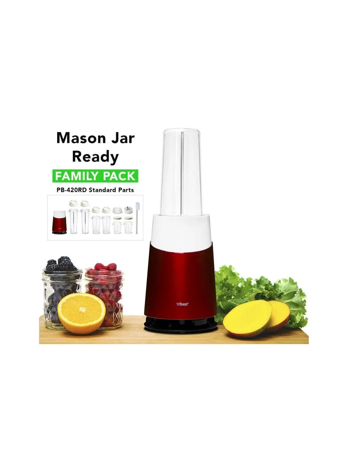 Tribest PB-420RD Compact Personal Blender - Red, Corded Base, Mason Jar Fit, Family Pack