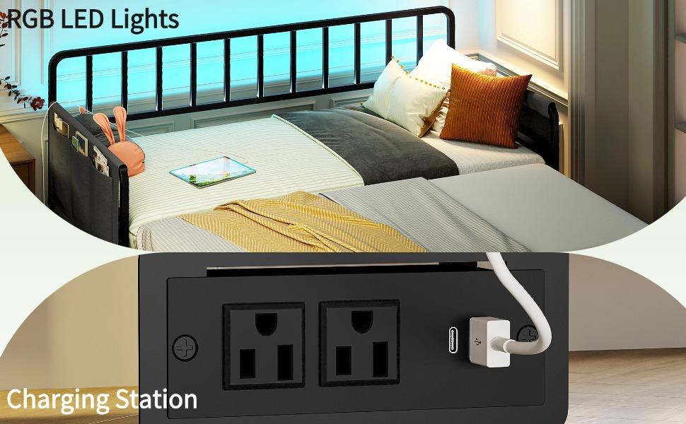 LIKIMIO Twin Daybed with Trundle, Charging Station & LED Lights, Metal Sofa Bed Frame with Side Storage, Noise-Free, No Box Spring Needed for Small Space, Guest Room, Living Room