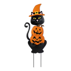 Glitzhome 36"H Halloween Metal  Black Cat with Spring Head and Stacked Pumpkin Yard Stake(KD)