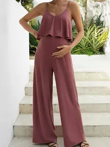 Maternity Jumpsuit - Wide Leg Cami Solid Color Casual Style for Pregnant Women