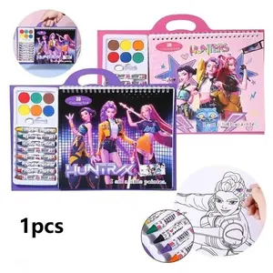 Korean Pop women's group cartoon 3D watercolor album picture book, with acrylic brushes and an artistic canvas palette, featuring Rumi, Mira, and Zoe patterns on the canvas. It is the perfect gift for birthdays of kindergarten, elementary school, boys