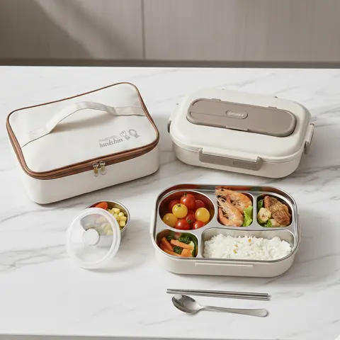 Adults' Insulated Rectangular Lunch Containers Set - 4-Grid Compartmentalized Meal Prep Containers Reusable with Tableware, Soup Bowl, Lunch Box Accessories & Grab-and-Go Bag, Compact Portable