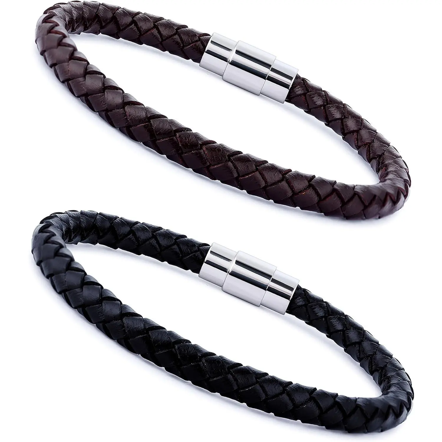 FLORIDECO Unisex Adjustable Braided Leather Bracelet Sets (2PCS) - High-Quality Leather-Metal Band, 7.5-8.5in Stainless Steel Accents Wrist Cuff, Wipe Clean, for Adult Daily Wear