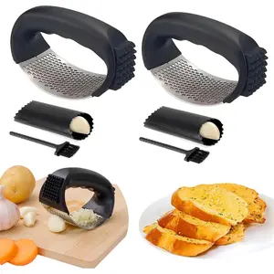 Garlic Press and Mincer, Stainless Steel Garlic Crusher, Garlic Grinder with Peeler and Cleaning Brush, Two Sets Rocker Kitchen Utensils