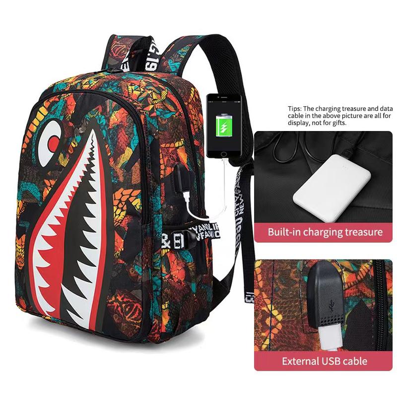 Shark Teens Backpacks Fashion Schoolbag Casual Waterproof Travel USB Laptop Backpack 17inch