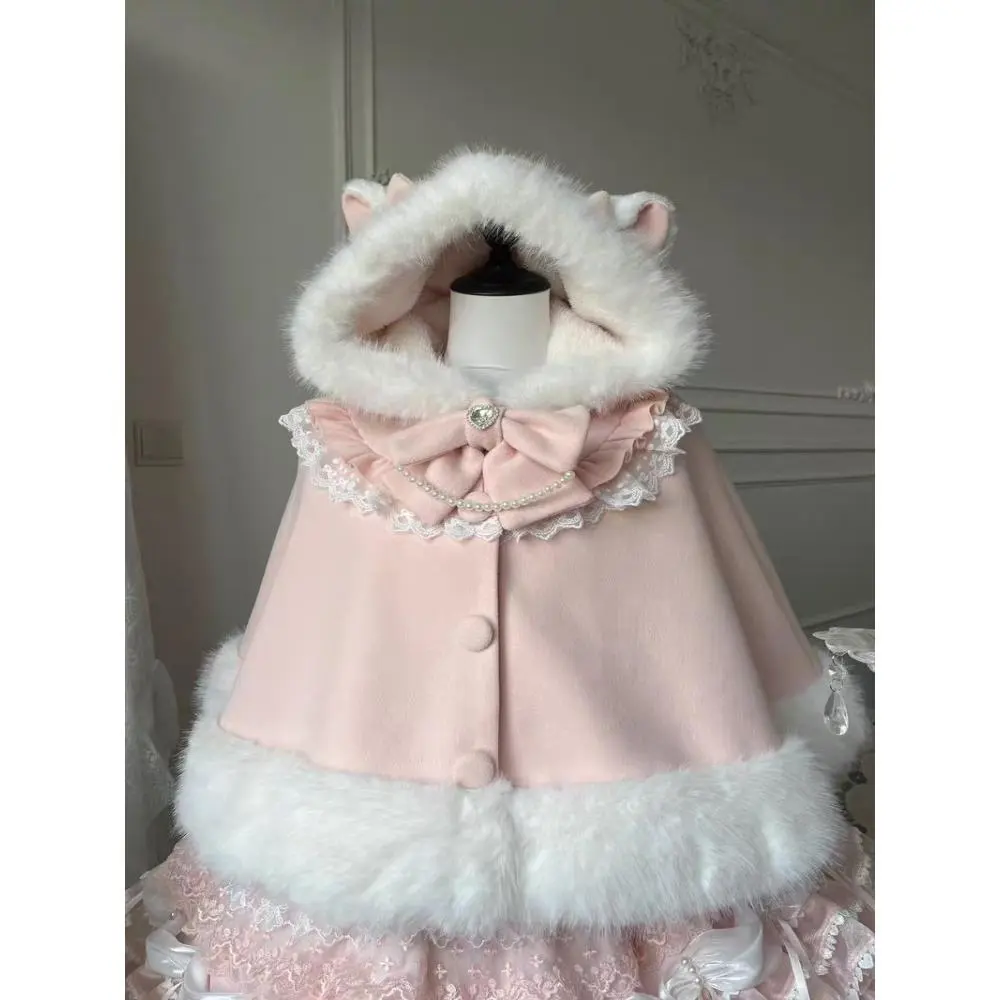 Winter New Lolita Sweet Shawl Overcoat Women Design Bow Hooded Patchwork Kawaii Cope Woolen Female Warm Chic Fur Collar Coat