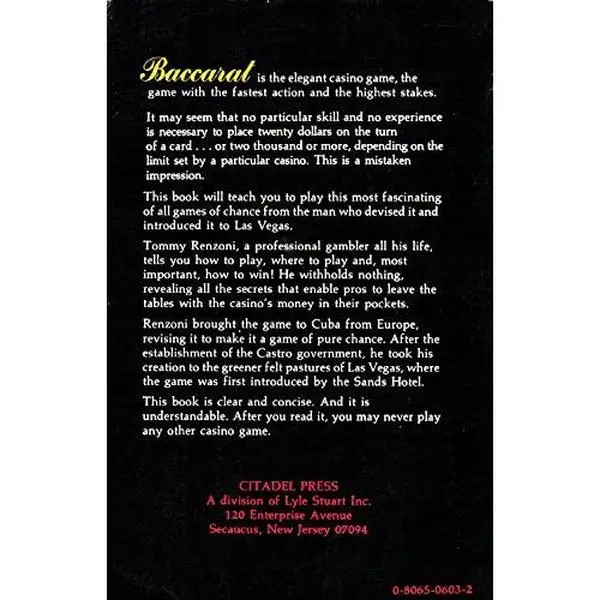 USED Book - Baccarat: Everything You Want to Know About Playing and Winning by Tommy Renzoni (Paperback) - english