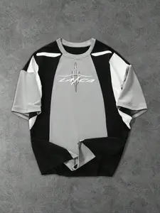 Men's Colorblock Letter Print Short Sleeve Tee, Regular Fit Casual Drop Shoulder Street Crew Neck T-Shirt for Summer, Fashion Men's Top for Daily Wear