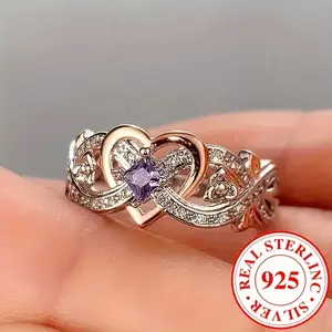 Elegant 925 Sterling Silver Infinity Heart Ring With Purple zirconia Anniversary Engagement Wedding Band, 0.1oz Ring Gift